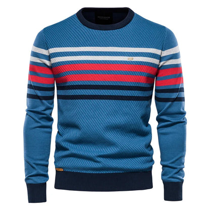 New Men's Striped Patch Long-Sleeve Knit Sweater, Fashion Round Neck Casual Pullover