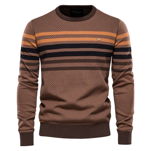 New Men's Striped Patch Long-Sleeve Knit Sweater, Fashion Round Neck Casual Pullover