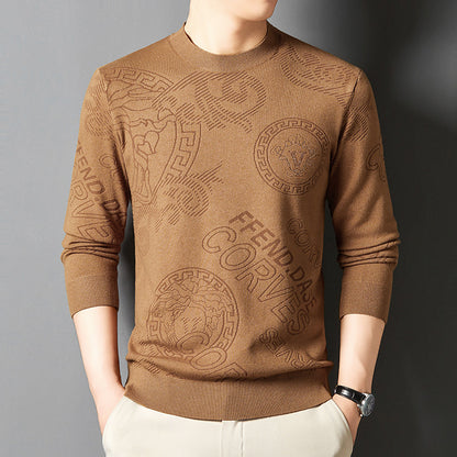 New Knit Sweater Men's Round Neck Jacquard Korean Trendy Long-Sleeve Casual Base Layer Top