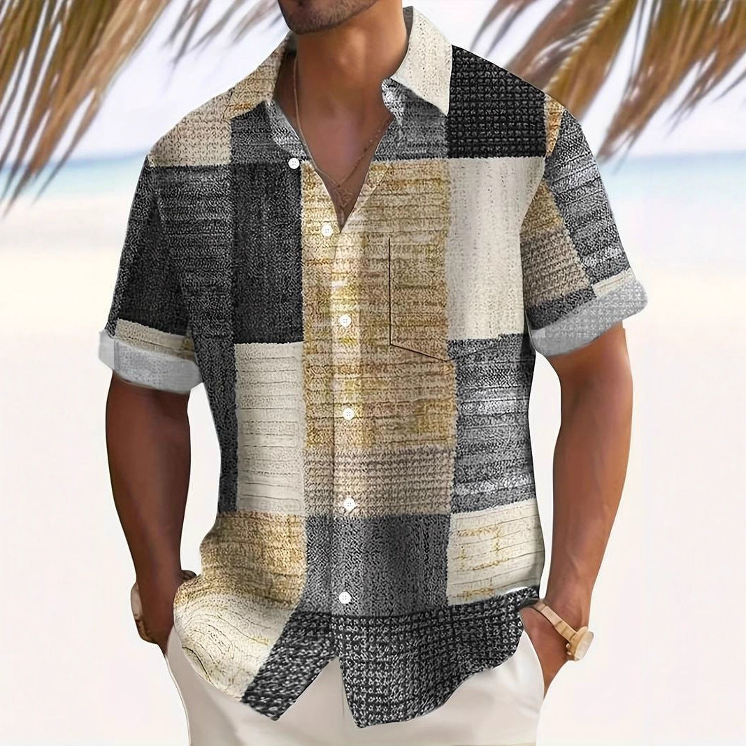 3D Digital Men's Shirt Summer New Casual Versatile Checkered Short Sleeve Sun Protection Top