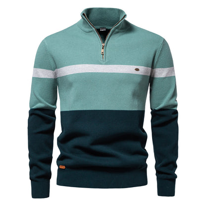 2025New Fall & Winter European Size Men’s Sweater - High Neck Half-Zip Colorblock Knit Pullover men’s sweaters mens sweaters for winter men’s sweaters