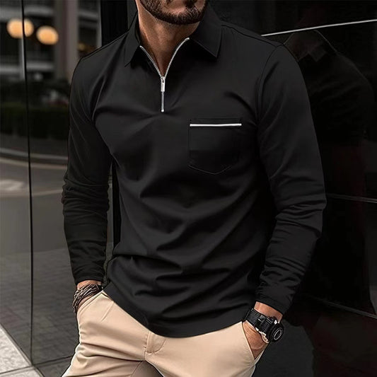Spring Autumn Long Sleeve Polo Shirt Zipper Pocket Men's Sport Long Sleeve Top