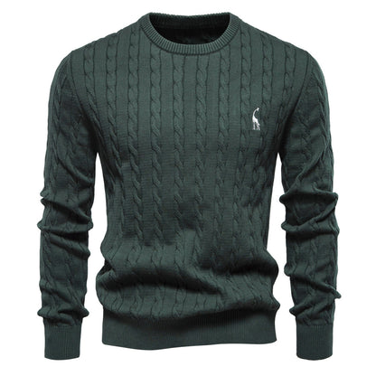 2025 Fall & Winter Men’s Pullover Sweater - High-Quality Solid Color Knit with Deer Embroidery