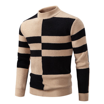 New Men's Mock Neck Color-Blocked Pullover Knit Sweater Korean Style Youth Fashion Top
