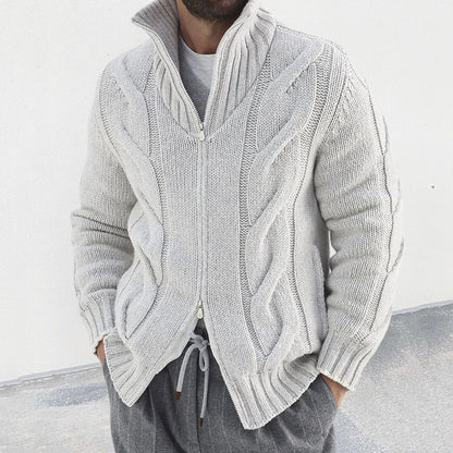 New Men's Solid Color Stand Collar Long-Sleeve Knitted Sweater Fashionable Cardigan