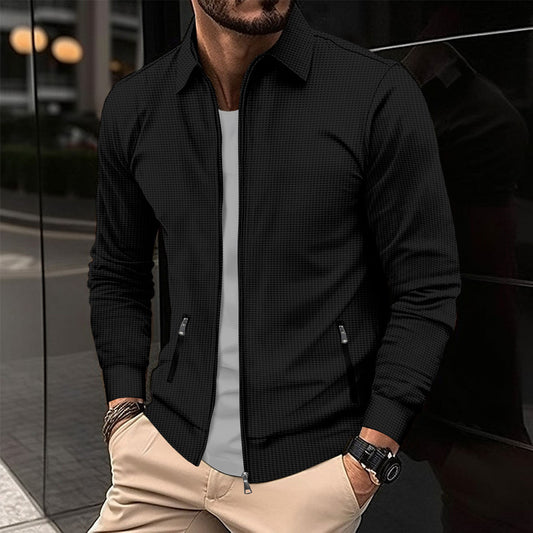 Men's Waffle Knit Zip-Up Pocket Lapel Slim-Fit Jacket