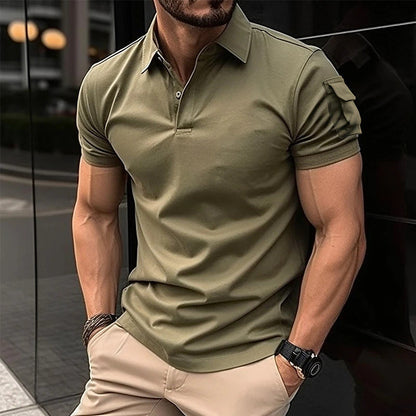 Summer Men's Turn-Down Collar Button Polo Shirt Arm Pocket Sport Polo Shirt