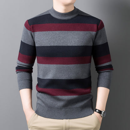 Warm Sweater for Men, Mid-Age Round Neck Striped Jacquard Loose Stretch Knit Base Layer
