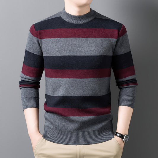 Warm Sweater for Men, Mid-Age Round Neck Striped Jacquard Loose Stretch Knit Base Layer