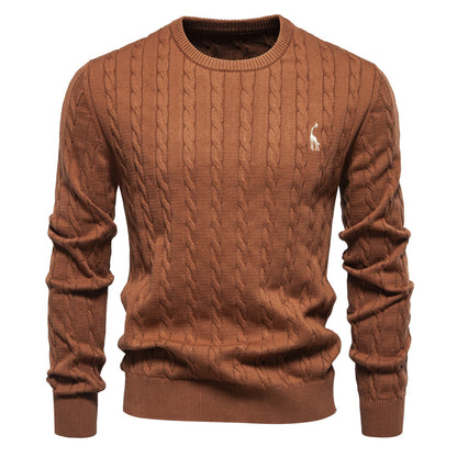 2025 Fall & Winter Men’s Pullover Sweater - High-Quality Solid Color Knit with Deer Embroidery