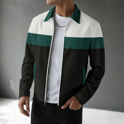 Men’s Autumn Colorblock Waffle Jacket Zip Pocket Turn-Down Collar Cardigan Slim Fit Jacket