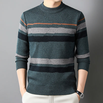 New Casual Round Neck Striped Sweater Middle-Aged Men's Thickened Warm Jacquard Anti-Pilling Knit