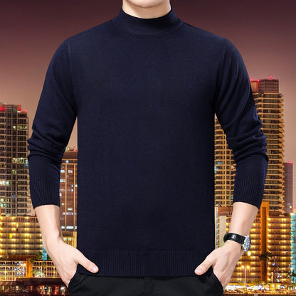 New Semi-Turtleneck Solid Color Sweater – Middle-Aged Men's Warm Stretch Knitwear with Mid-Neck Design