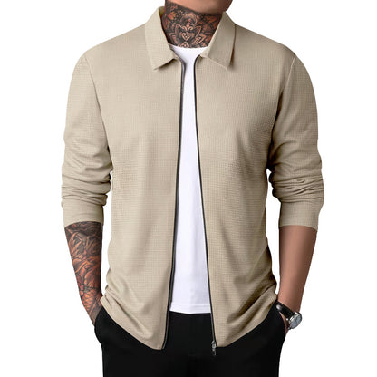 New Men's Zip-Up Waffle Knit Jacket Casual Long-Sleeve Lapel Coat