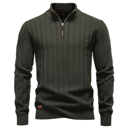 New Striped Jacquard Men’s Semi-Zip Stand Collar Business Sweater