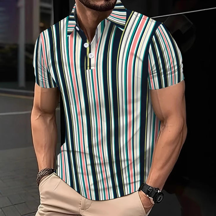 New Men's Wear 3D Digital Stripe Print Casual Men's Button Simple Business Polo Shirt