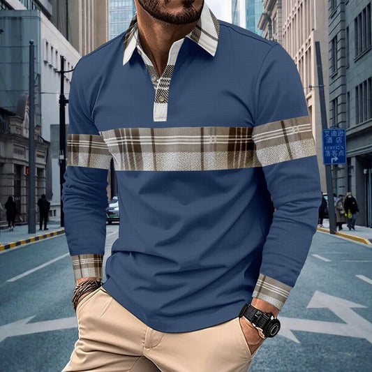 New Men's Casual Polo Shirt Long Sleeve Stripe Button Waffle Knit Print Long Sleeve