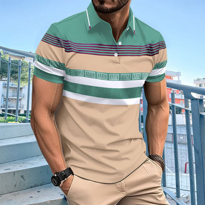 New Men's Casual Polo Shirt Digital Print Stripe Button Turn-Down Collar Top T-Shirt