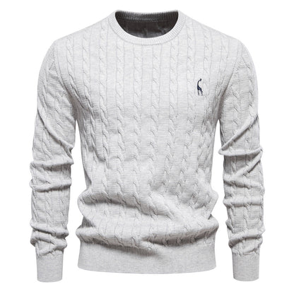 2025 Fall & Winter Men’s Pullover Sweater - High-Quality Solid Color Knit with Deer Embroidery