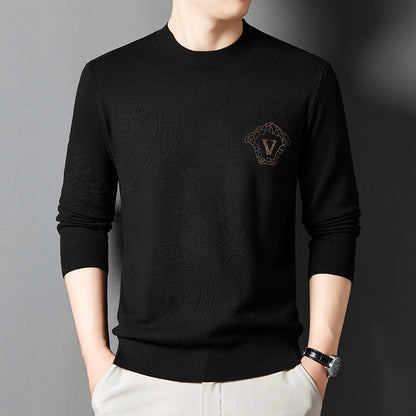 New Knit Sweater Men's Round Neck Jacquard Korean Trendy Long-Sleeve Casual Base Layer Top