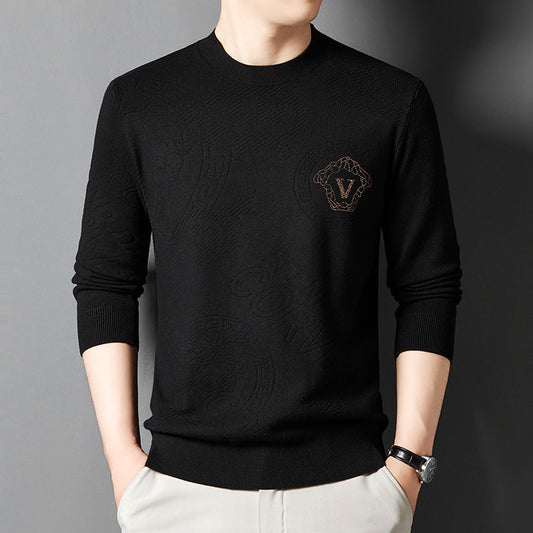 New Knit Sweater Men's Round Neck Jacquard Korean Trendy Long-Sleeve Casual Base Layer Top