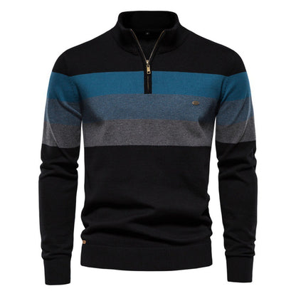Trendy Men’s Semi-Zip Striped Knit Sweater – Color-Block Design