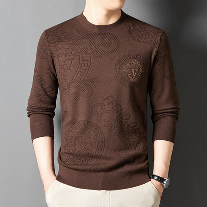New Knit Sweater Men's Round Neck Jacquard Korean Trendy Long-Sleeve Casual Base Layer Top