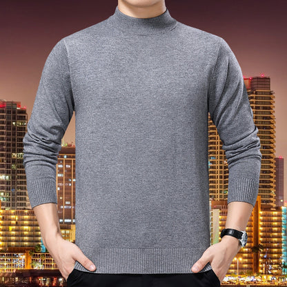 New Semi-Turtleneck Solid Color Sweater – Middle-Aged Men's Warm Stretch Knitwear with Mid-Neck Design