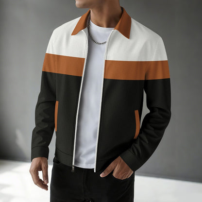Men’s Autumn Colorblock Waffle Jacket Zip Pocket Turn-Down Collar Cardigan Slim Fit Jacket