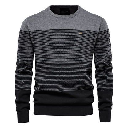 Retro Long-Sleeve Trendy Men's Sweater Slim Round Neck Striped Knit Fashion Top
