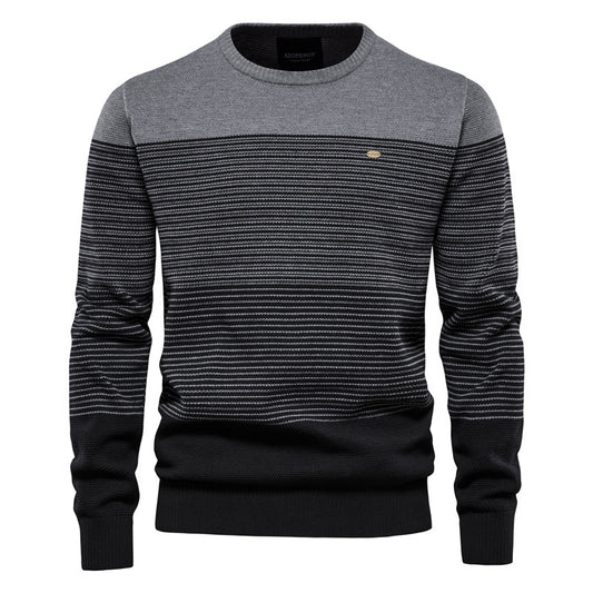 Retro Long-Sleeve Trendy Men's Sweater Slim Round Neck Striped Knit Fashion Top