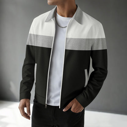 Men’s Autumn Colorblock Waffle Jacket Zip Pocket Turn-Down Collar Cardigan Slim Fit Jacket
