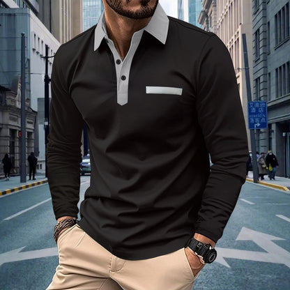 New Wish Autumn Men's Solid Color Casual Button Turn-Down Collar Long Sleeve Pocket Polo Shirt