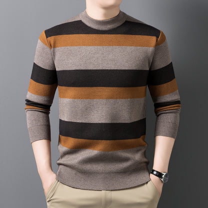 Warm Sweater for Men, Mid-Age Round Neck Striped Jacquard Loose Stretch Knit Base Layer