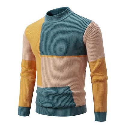 New Men's Mock Neck Color-Blocked Pullover Knit Sweater Korean Style Youth Fashion Top