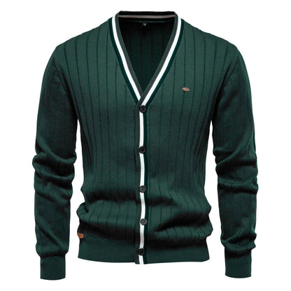 2025 Fall & Winter Men’s V-Neck Cardigan - Trendy Color-Blocked Long Sleeve Knit Sweater