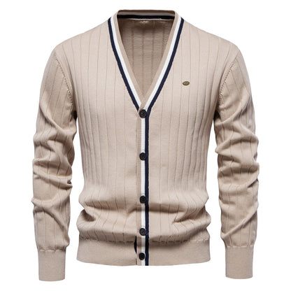 2025 Fall & Winter Men’s V-Neck Cardigan - Trendy Color-Blocked Long Sleeve Knit Sweater
