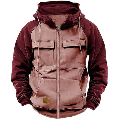 New Men's Solid Color Hoodie Youth Multi-Pocket Leather Patch Workwear
