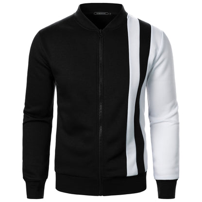 Men's New Zip-Up Stand Collar Color-Block Hoodie Casual Open-Front Jacket