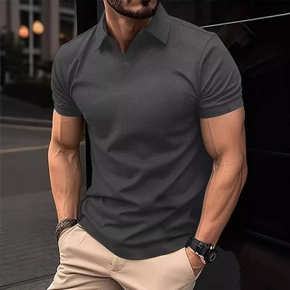 Wish Men's Summer Sport Fitness Casual V-Neck Elastic Texture Short Sleeve Polo Shirt