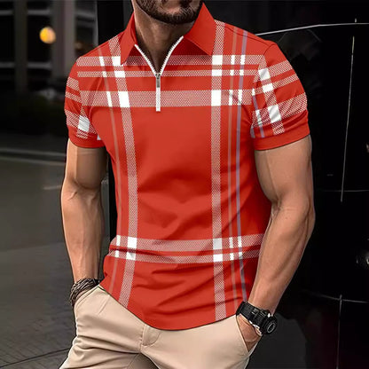 Summer Plaid Print Short Sleeve Top Men's Casual Turn-Down Collar Polo Shirt