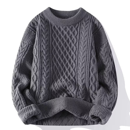 Men's Cable-Knit Sweater Casual Versatile Solid Color Round Neck Pullover