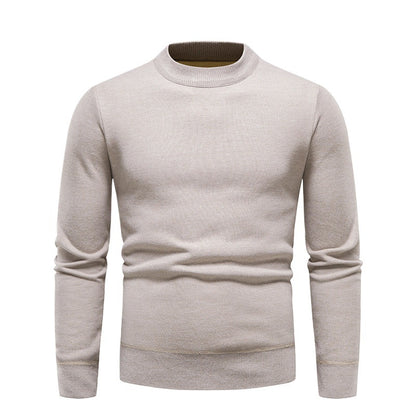 Solid Color Round Neck Fleece-Lined Knit Sweater Men's Long-Sleeve Base Layer T-Shirt