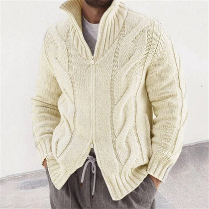 New Men's Solid Color Stand Collar Long-Sleeve Knitted Sweater Fashionable Cardigan