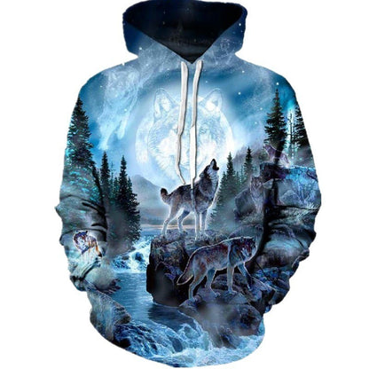 New Men's Autumn Long-Sleeve Hoodie Streetwear Round Neck 3D Wolf Print