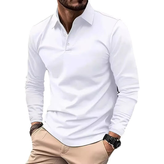 Pure Button-Down Polo Men's Solid Color Daily Casual Turn-Down Collar Long Sleeve Polo Shirt