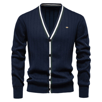 2025 Fall & Winter Men’s V-Neck Cardigan - Trendy Color-Blocked Long Sleeve Knit Sweater