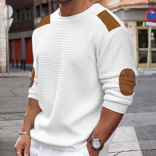 New Men's Knit Sweater Round Neck Long-Sleeve Patchwork Pullover Slim-Fit Top