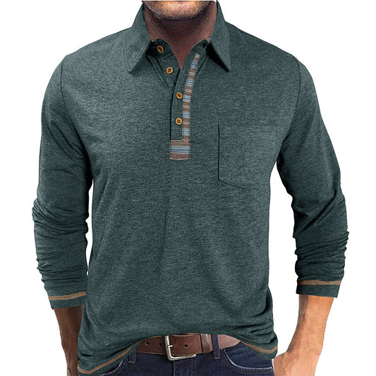 Men's Button-Down Collar Colored Cotton Long Sleeve Polo Casual Fashion Pocket Base Layer Top