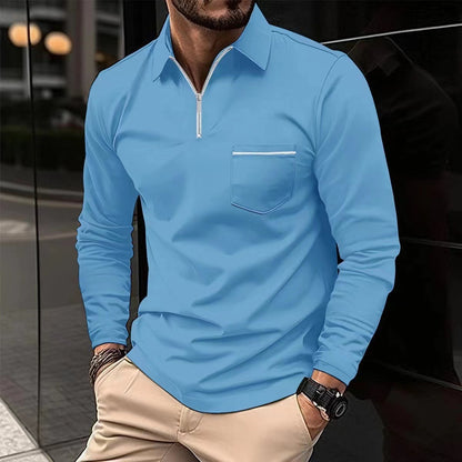 Spring Autumn Long Sleeve Polo Shirt Zipper Pocket Men's Sport Long Sleeve Top